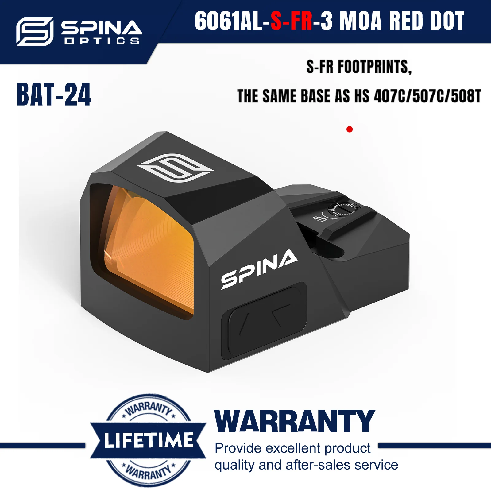 SPINA OPTICS BAT-24 3MOA Shake Awake Red Dot Sight S-FR Footprint HS 407C/507C/507T w Picatinny Base and Adapter