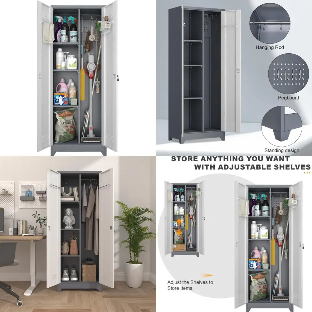 Прочный металлический шкаф для метлы с подвесным стержнем и полками, 65-органайзер для эффективного хранения инструментов