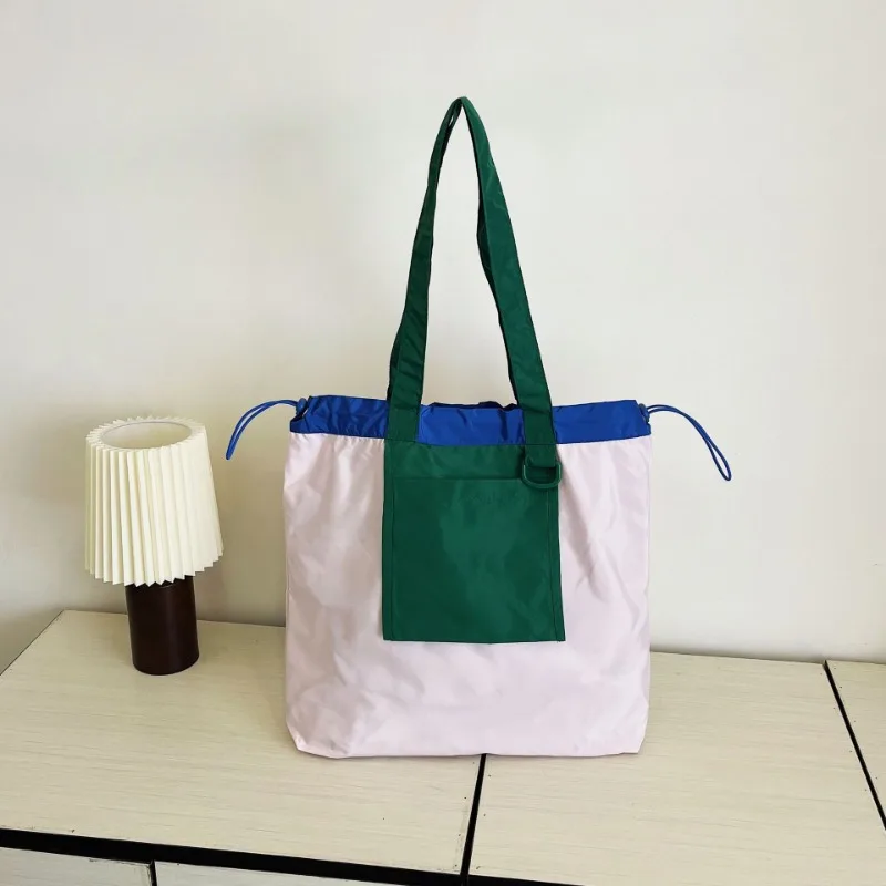 New Drawstring Patchwork Colour Large Capacity Shopping Canvas Bag Hundred Shoulder Bag Casual Commuter Bag Waterproof