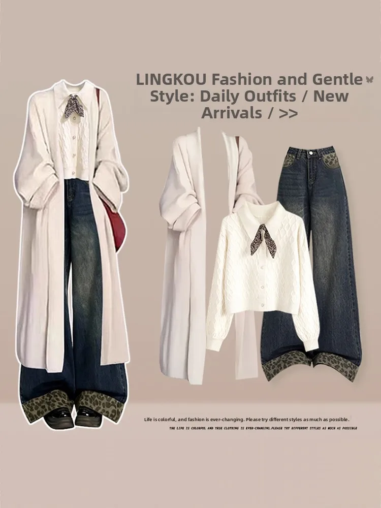 

plus Size Autumn Winter Knitted Sweater And Jeans Set Women's Soft Cozy Retro High Waist Wide Leg Jeans Three Piece Suit