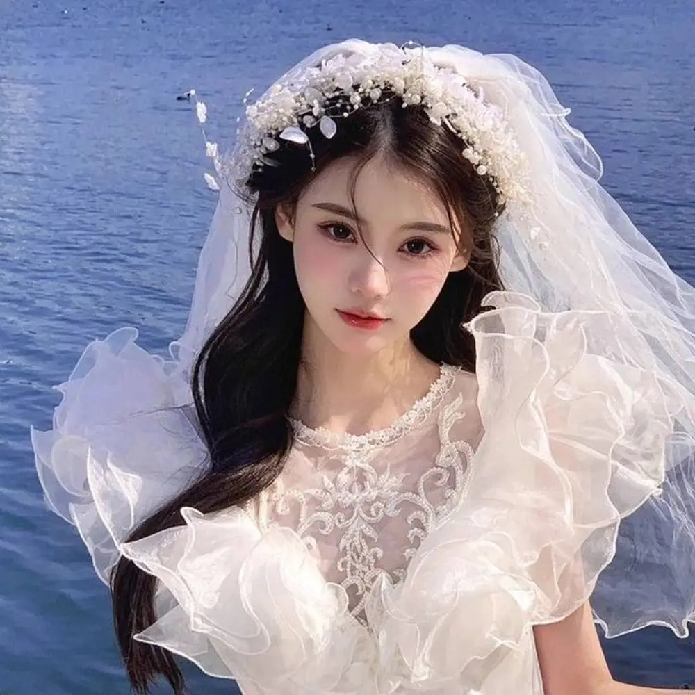 

Fairy White Flower Bride Headdress French Style Lace Bridal Headwear Wedding Elegant Photography Headband Hair Accessories
