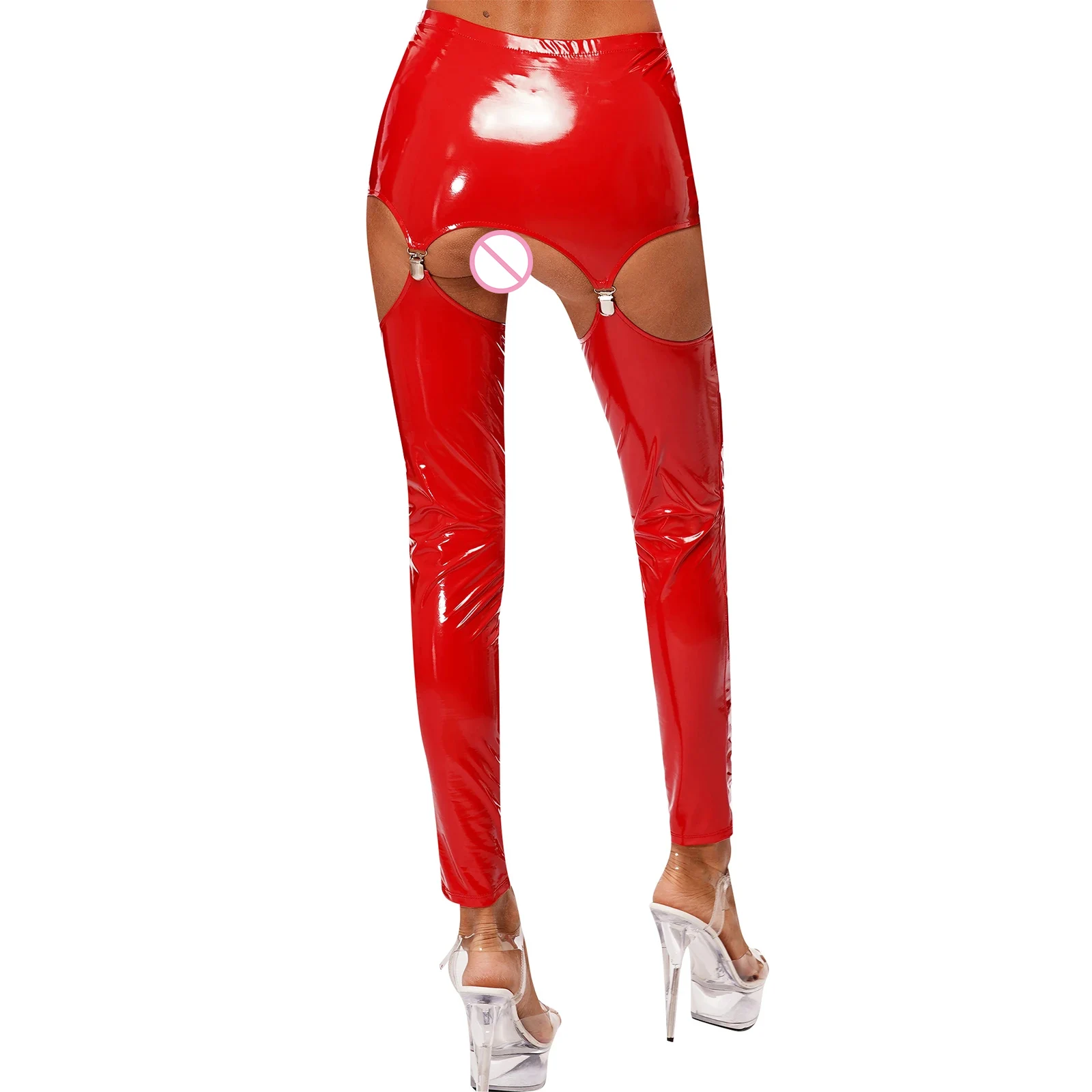 Women\'s Glossy Suspender Leggings Patent Leather Mini Skirt with Garter Clips Hollow Out Tights Long Pants Trousers Clubwear