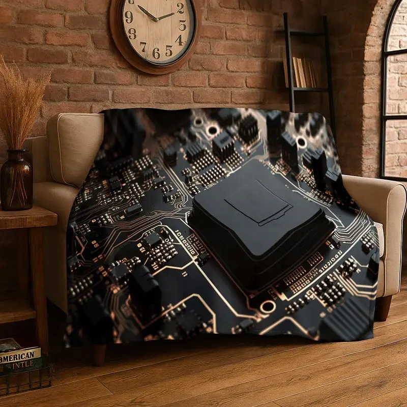 Retro Circuit Board Chip PCB Flannel Blanket Soft Warm Throw Blanket for Bedroom Living Room Bed Travel Camping Picnic Cover Nap