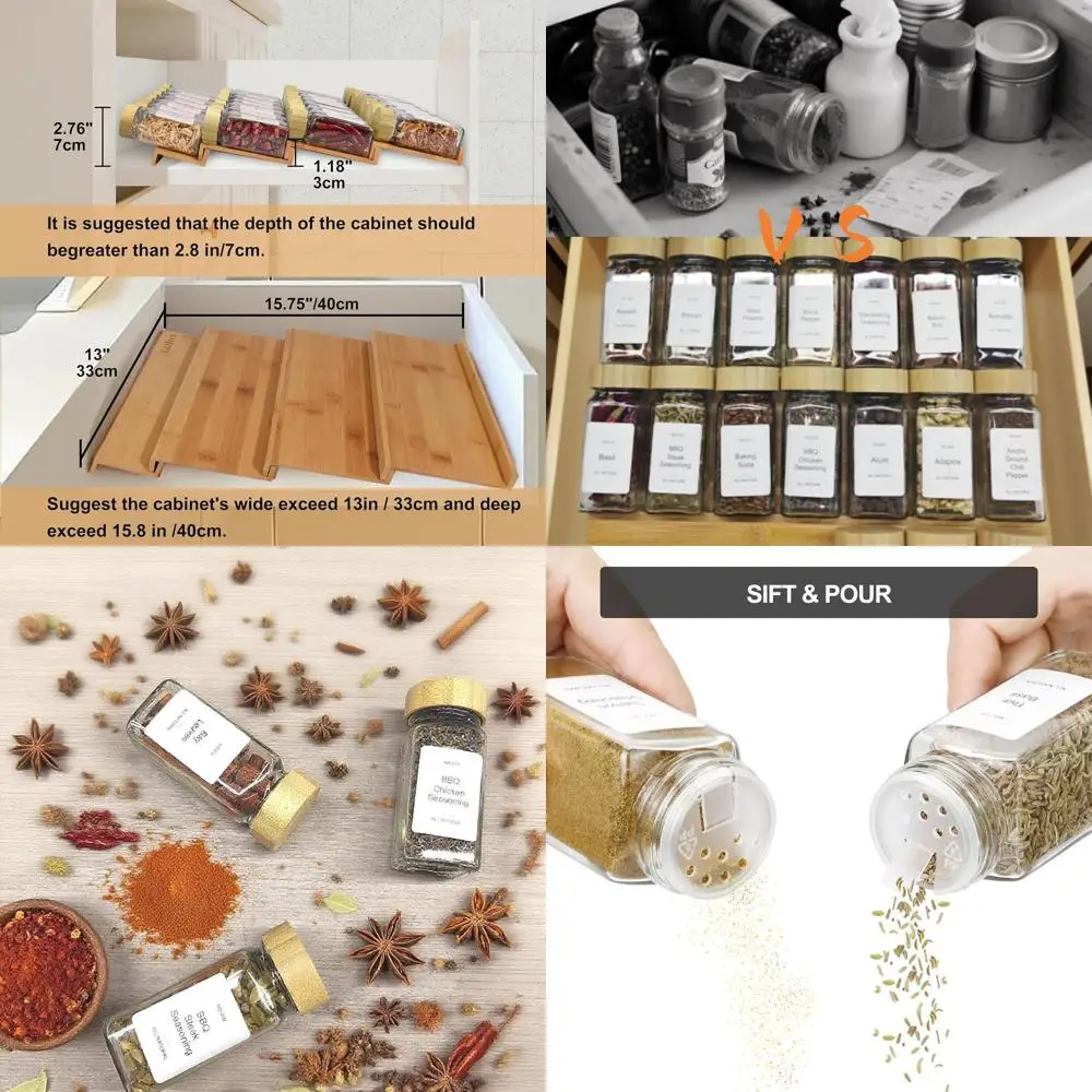 

24-Bamboo Jar Spice Drawer Organizer with 216 Labels, Non-Slip Rubber, 4-Tier Rack for Kitchen Storage