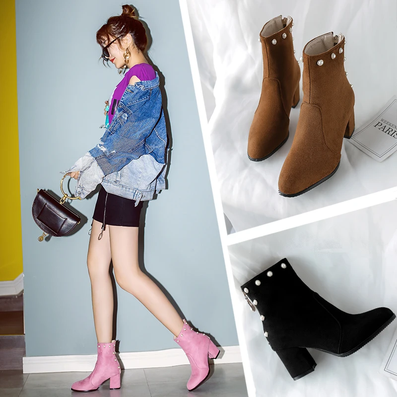 Big Size Winter Autumn Women Ankle Boots High Square Heels Pink Flock Stud Pearl Round Toe Casual Office Lady Zipper Short Boots