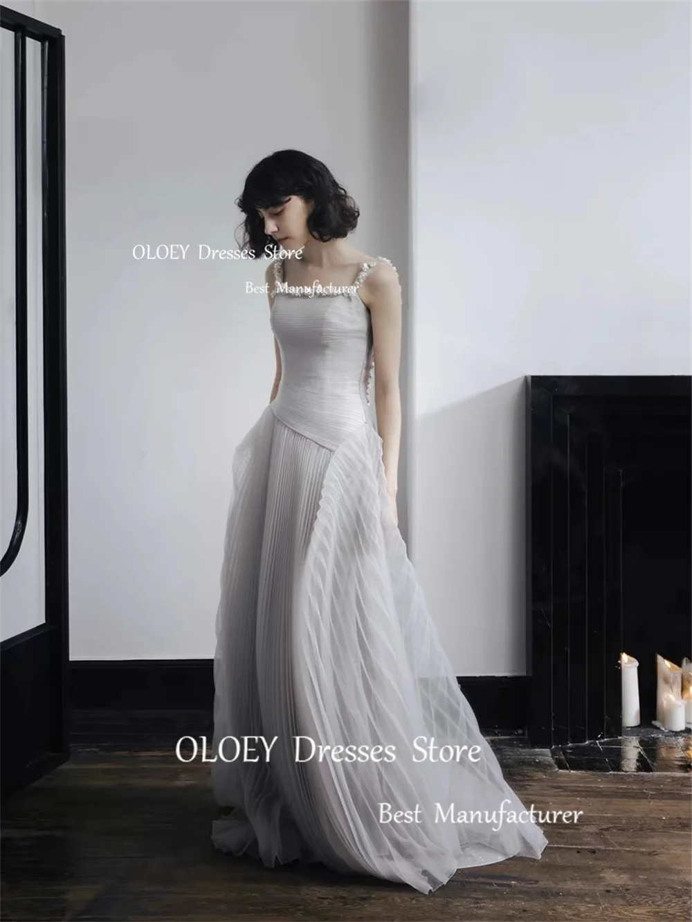 OLOEY 2024 Elegant Fairy Grey Evening Dresses Deading Pearls Spaghetti Straps Wedding Party Dress Floor Length Prom Gown Custom