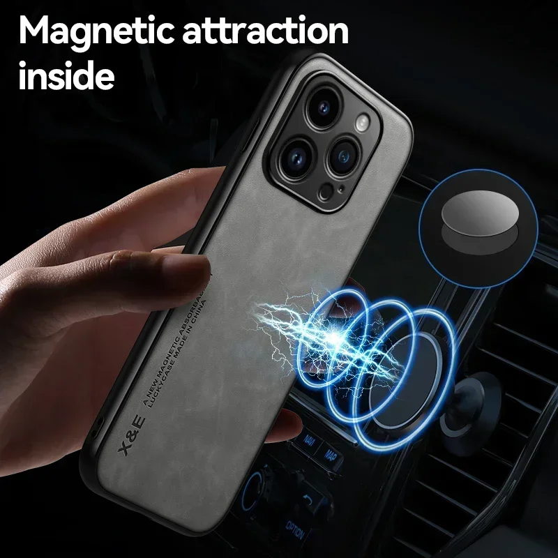 Luksusowe skórzane etui na iPhone 16 16e 15 14 13 12 11 Pro Max Plus 12 13 Mini X XS SE 8 7 z metalową podpórką do samochodu