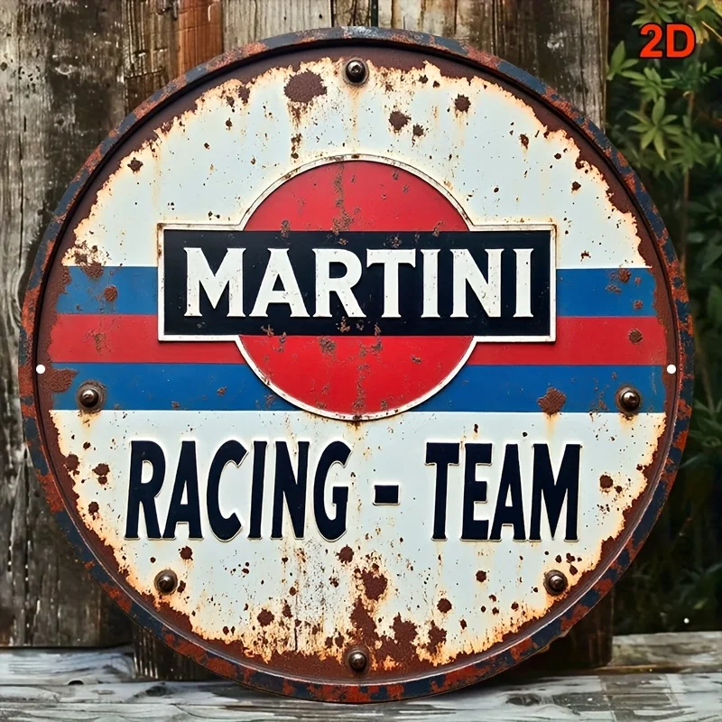 2D flaches 1-teiliges rundes Martini-Rennteam-Retro-Wandlogo aus Holz, rote, blaue und weiße Streifen, geeignet für Garage, Herrenhöhle – Detail 5