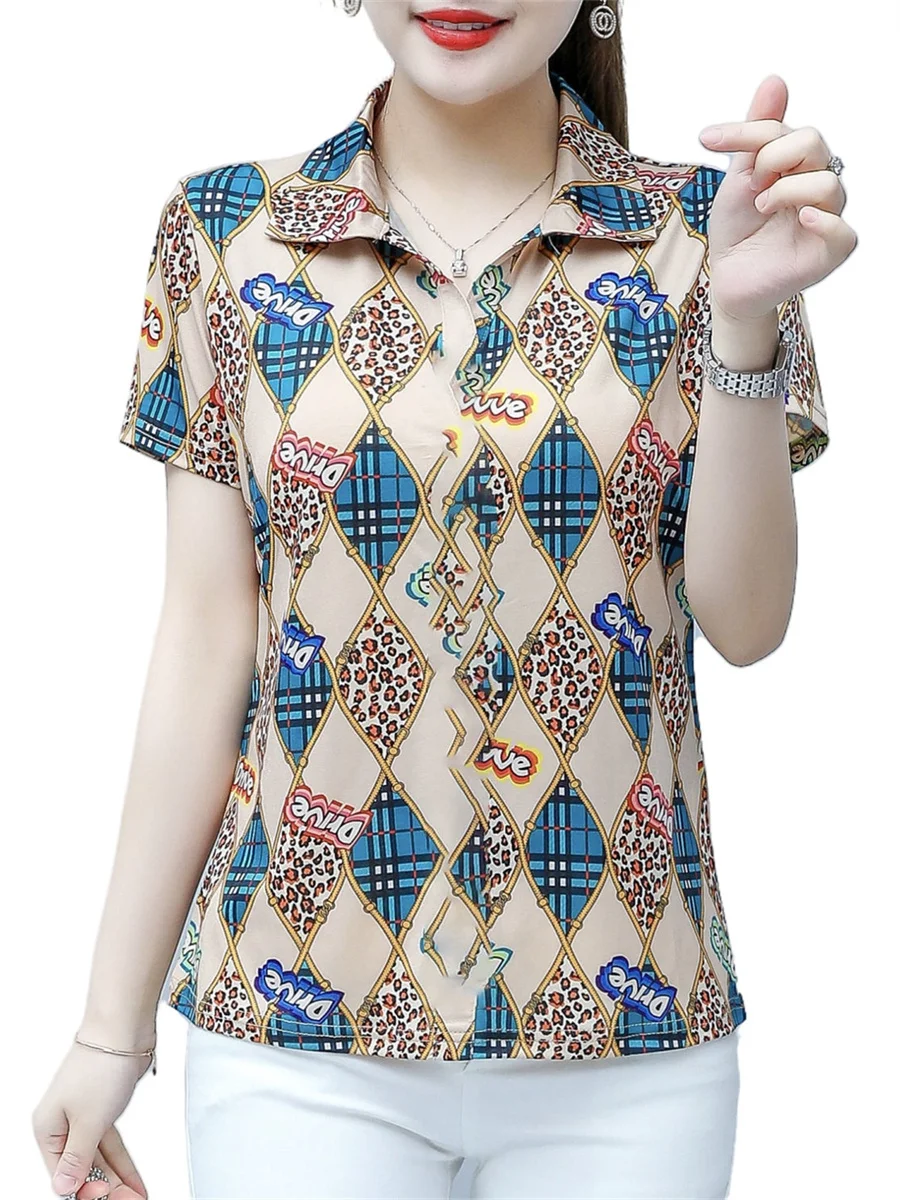 6XL Women Spring Summer Blouses Shirts Lady Fashion Casual Short Sleeve Turn-down Collar Printing Blusas Tops TT2128