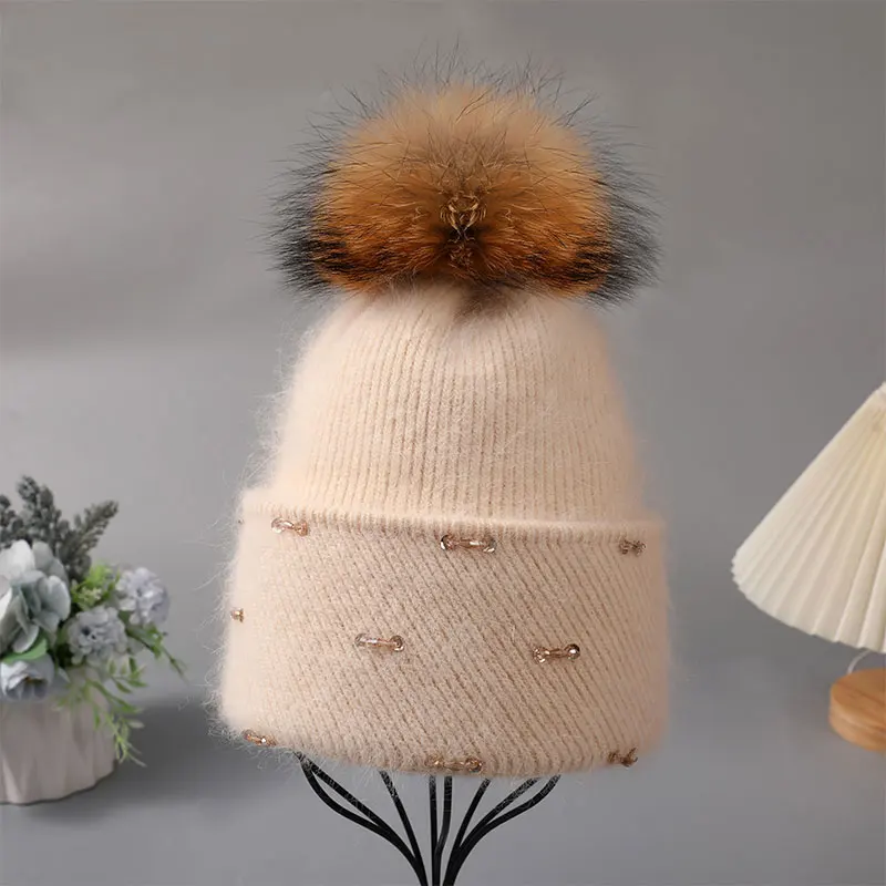 CNTANG New Angora Rabbit Fur Hat Natural Raccoon Fur Pompom Beanies Winter Warm Knitted Hats With Rhinestones Bifold Female Caps