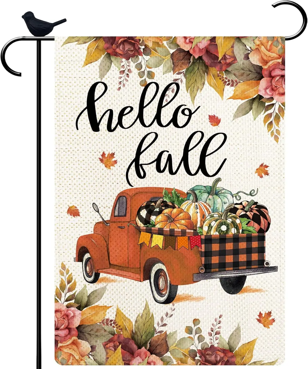 Hello Fall Truck Garden Flag Fall Thanksgiving Day Gift Pumpkins Maple Leaves for Outside Party Fall Holiday Gift For Truck Love