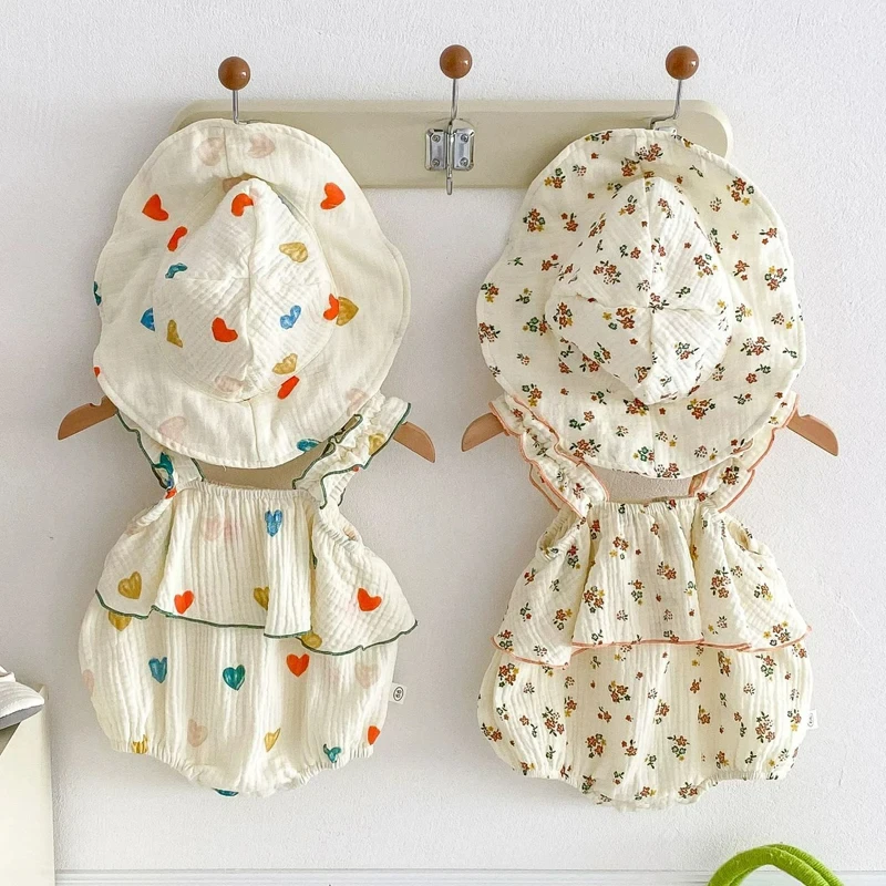 Muslin Baby Girl Clothes Summer Newborn Jumpsuits Hat Set Sweet Love Heart Floral Rompers Infant Toddler Sleeveless Sling Onesie