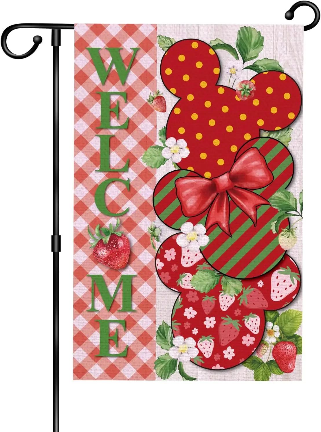 Strawberry Garden Flag,Cartoon Mouse Welcome Spring Summer Strawberries Farmhouse Yard Outside Decorations,Red Fruit Plaid C PPZ