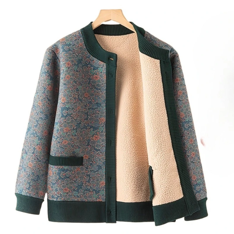 Women's Spring Autumn Blouse Jacket Cardigan Printed Velvet Thickened Warm Middle-aged Simple Comfortable Soft Niche Versatile