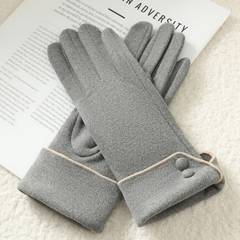 Vintage Thickened Women Suede Gloves Plush Full Finger Touch Screen Gloves Keep Warm Windproof Winter Mittens Sports