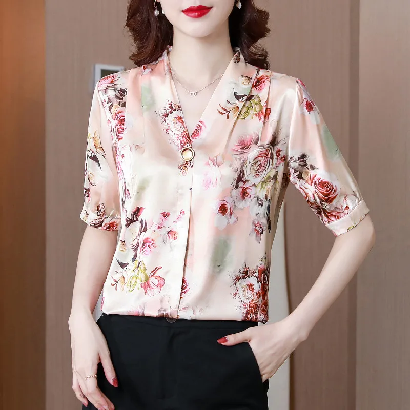 Summer Satin Women Shirt Print V-neck Vintage Blouse Women Fashion Silk Womens Tops and Blouses Casual Woman Elegant Top Shirts