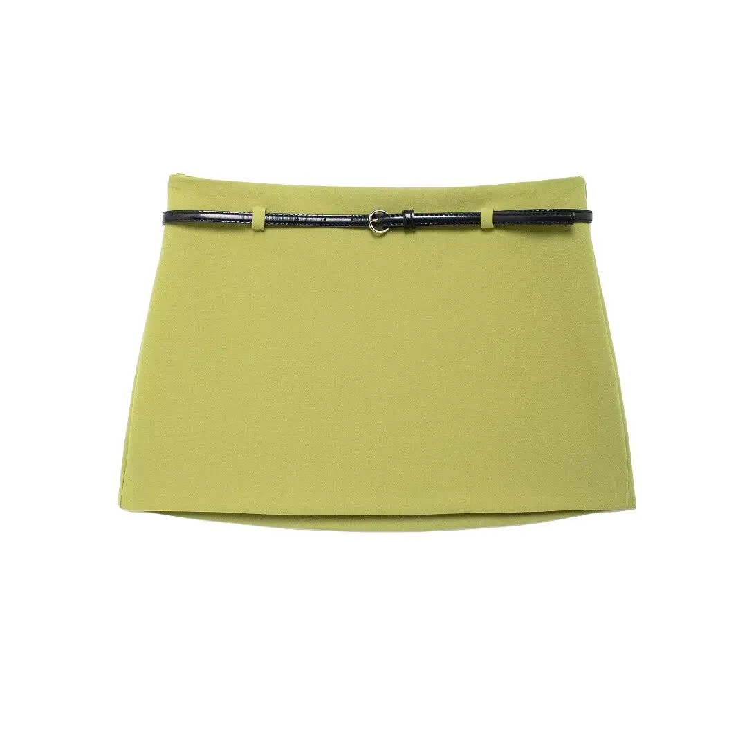 Tangada 2024 Chic Women Green Short Skirt with Belt Zipper Female Skirt BE0186