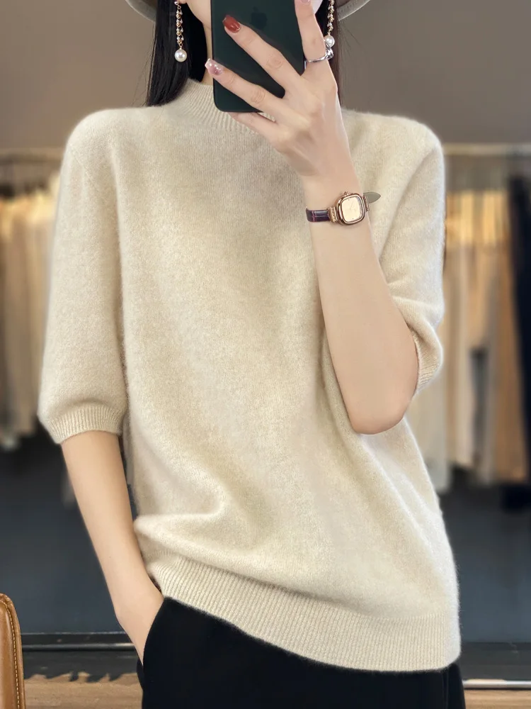 

Fashion Short Half Sleeve Cashmere Women Knitted Sweater 100% Pure Merino Wool Mock-Neck Tops Pullover Clothing Knitwear