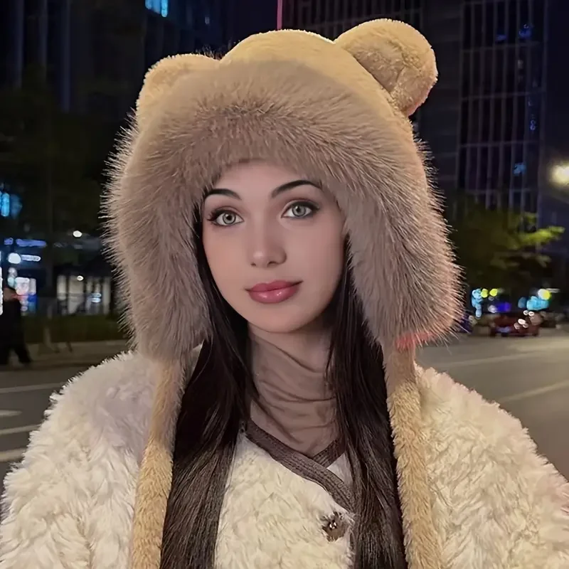 Winter Warm Plush Bear Hat Soft Fleece Ear Protection Cap for Outdoor Cycling Girls Women Christmas Festival Casual Gift