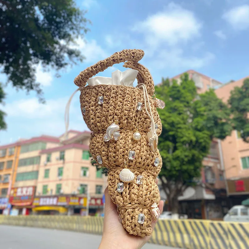 

Original Designer Straw Bags For Woman 2025 New Handmade Weave Diamond Pearl Decoration Handbag Fashion Chic Casual Female Bags