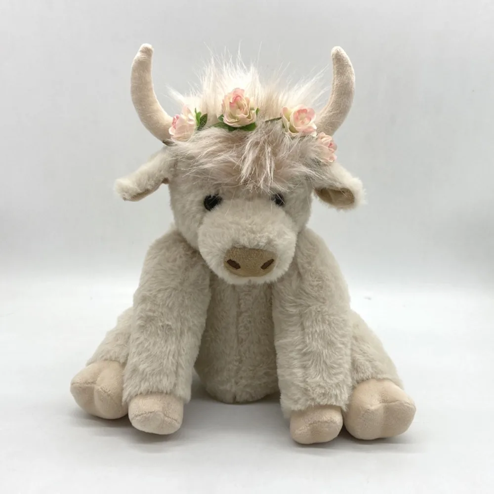 Simulation Highland Cow Plush Toy Joints Movable Flower Hairband Movable PP Cotton Doll Soft Toy Fluffy Texture