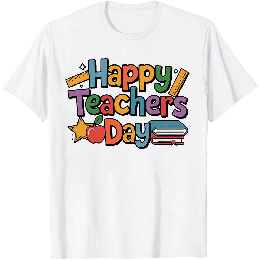 Happy Teachers Day Colorful Letter Apple Book Star Ruler Men T Shirt Back To School Educator Graphic Minimal Trendy Campus Tee