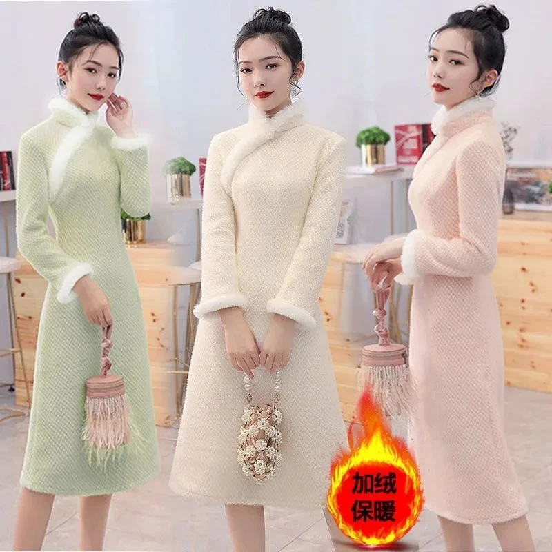 

Осенне-зимняя новая милая женская одежда, улучшенное платье Cheongsam, женское платье средней длины с бархатной юбкой-базой