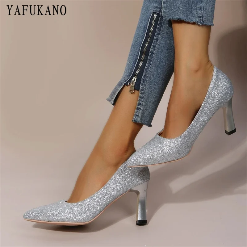 Glitter Point Toe Court Pumps Gold Silver Party Wedding Shoes Women High Heels Fashion Small Thick Heel Comfort Bridal Shoes 33