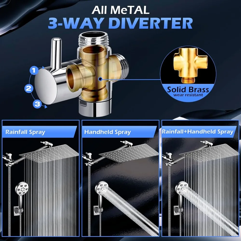 Modern 12-Inch Rain Shower Head with Handheld Spray, 11-Inch Extension Arm, 6 Settings, Anti-Leak, Built-in Power Wash