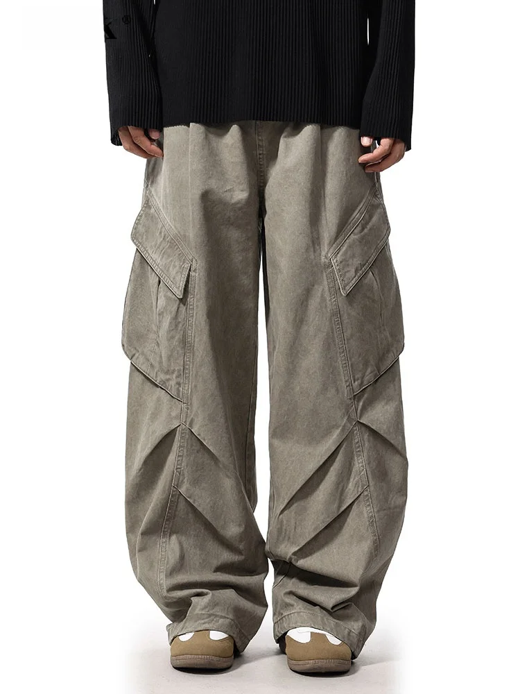 

UKTK American Retro High Street Work Pants Men's Loose Straight Drape Cleanfit Casual Knife Pants with ket Cotton Youth Fa...