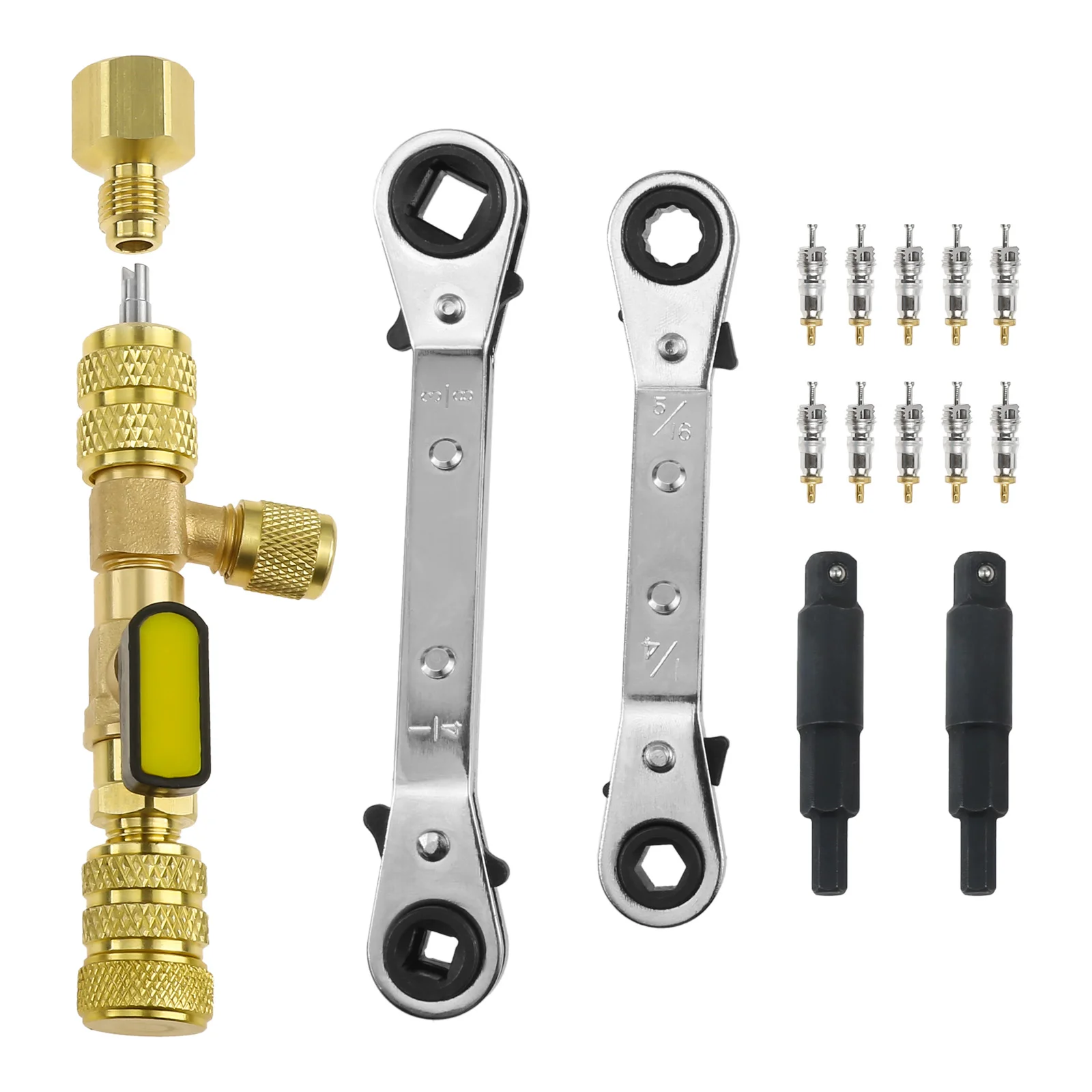 1Set Valve Core Remover Installer Tool and HVAC Service Wrench Set with Hex Bit Adapters for Air Conditioner Refrigeration