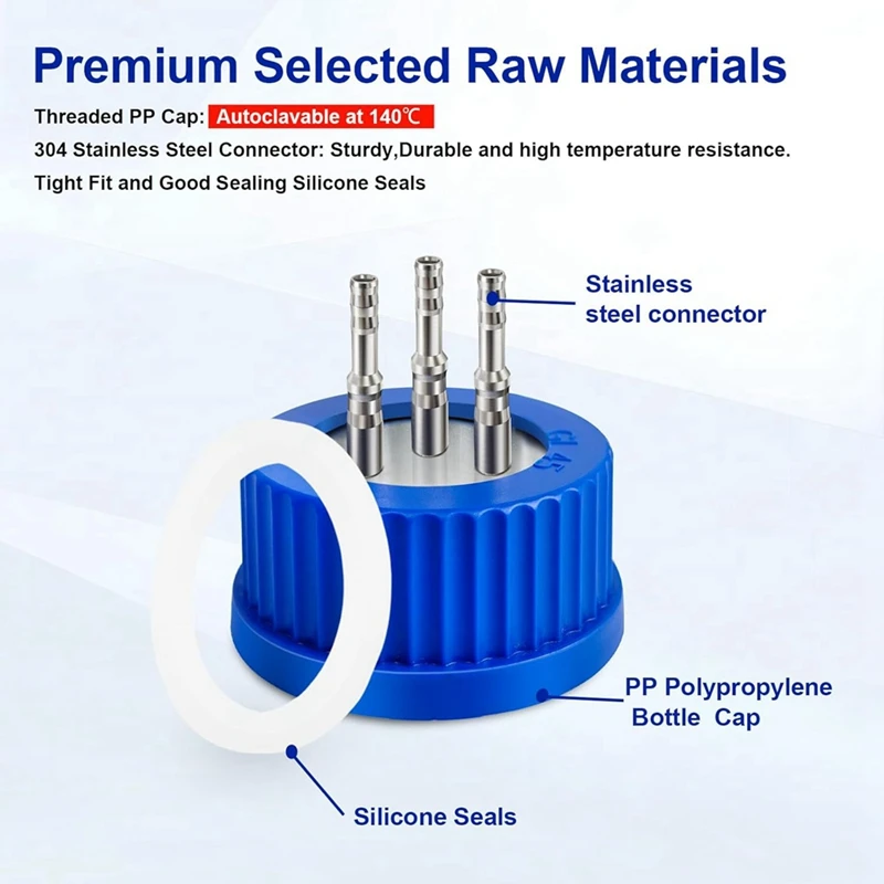 B62B GL45 304 Stainless Steel Safety Feeding Cap - 2 Port, 4-6mm, Small Size, Autoclavable, for Laboratory Liquid Sampling