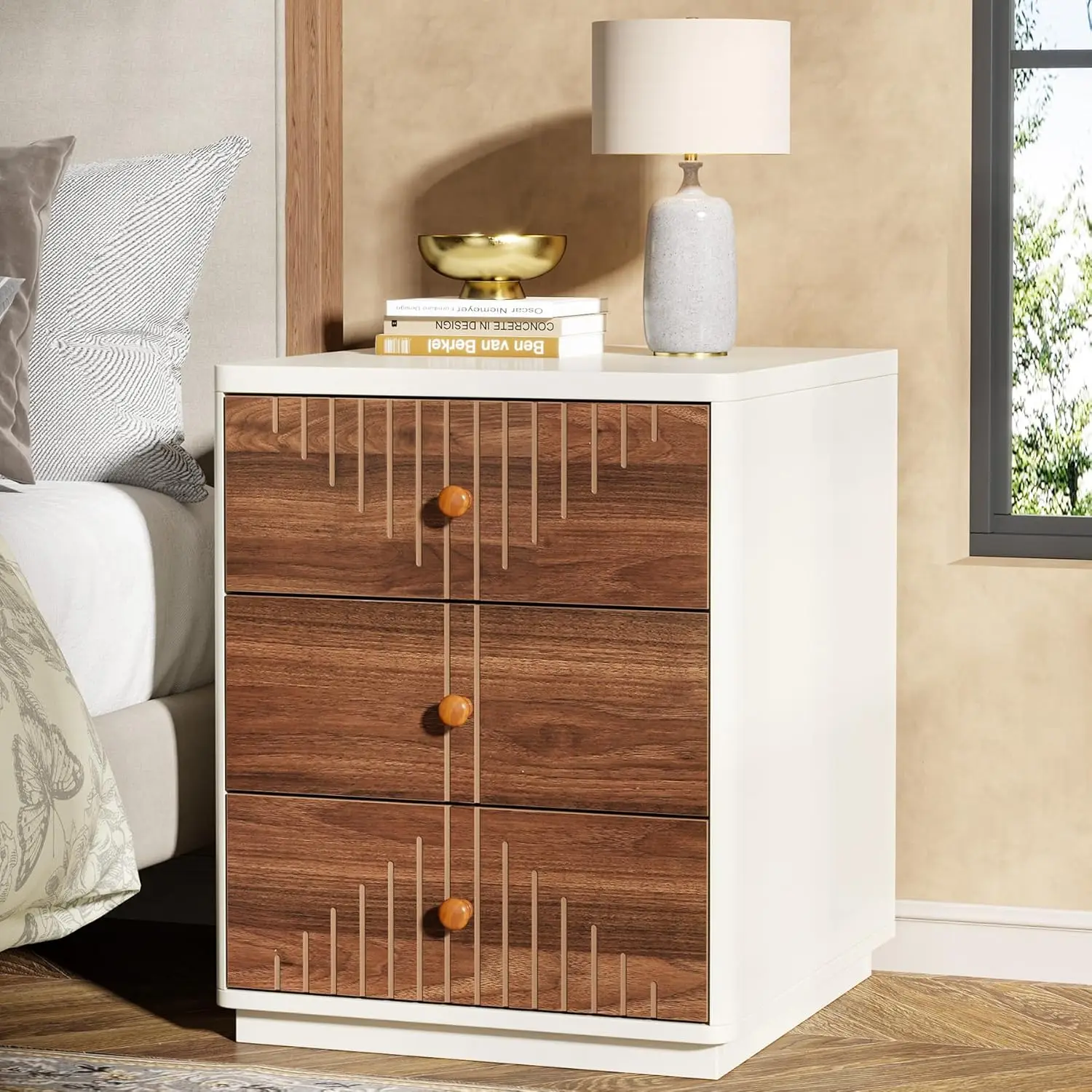 Modern White Walnut 3-Drawer Nightstand - Bedroom End Table with Wood Knobs, 25-Inch Tall - Elegant Storage Solution