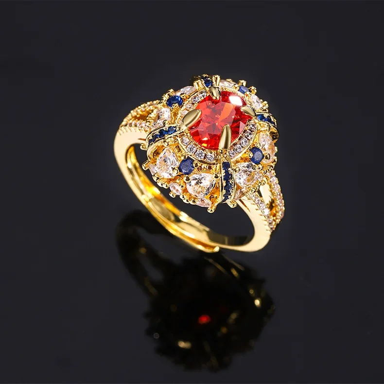 Luxurious European and American Red Full Diamond Ring Stylish Elegant 925 Silver Attended High-end Banquet Party Accessories