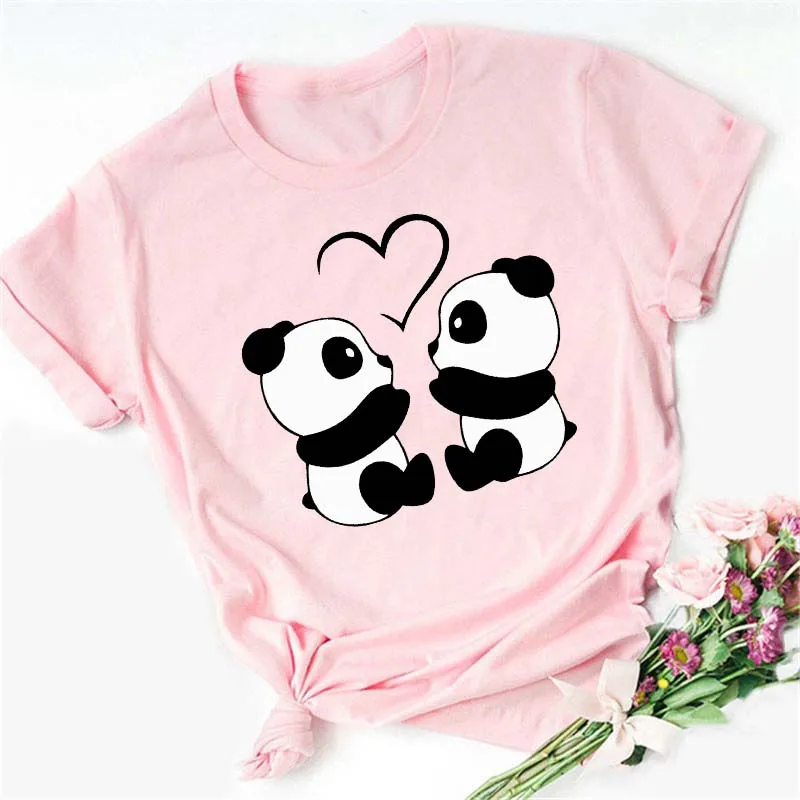 Maycaur Sommer Damen T-Shirt, lockeres Oberteil, niedlicher Panda-Herz-Print, kurzärmelig, lockeres, lässiges Damen-T-Shirt, Damen-Top, T-Shirt