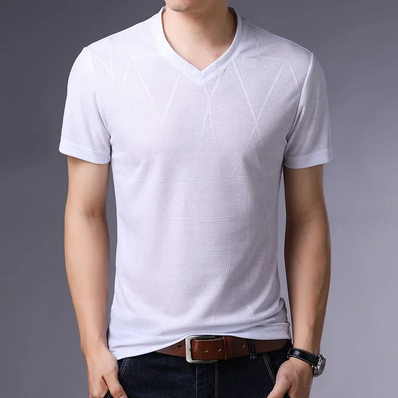 Men Striped Printing Tshirt Men's Bottom V-Neck Quick Drying Mesh Thin Ice Silk Short Sleeves Lightweight Fashion Leisure Tees