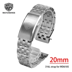 Watchdives 20mm Turtle Bracelet Frosted Solid 316L Stainless Steel With Foldable Clasp Replacement Strap Watchband for WD6105