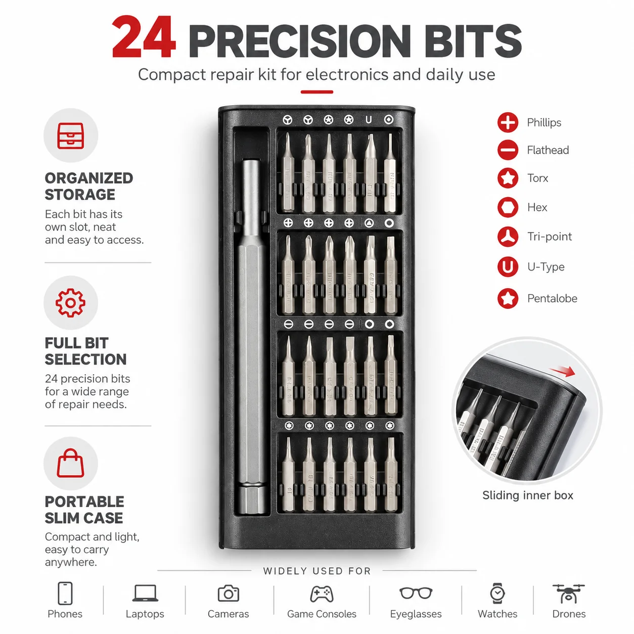 25 in 1 Flat Screwdriver Kit Set Precision Screw Driver Bit Se Hexagonal Magnetic Computer for Car Phone Home Use Cell Tool Box