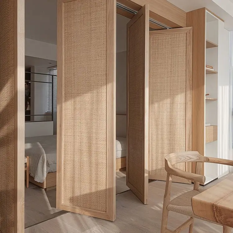Customizable screen Japanese simple solid wood rattan door rotating blocking partition door bedroom balcony rotating screen door
