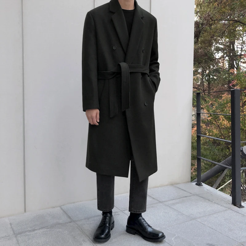 

Men's Winter Thiened Woolen Coat Long Waist Belted Loose Outerwear Faionable Korean Sle Youthful Polyester Cotton Blend