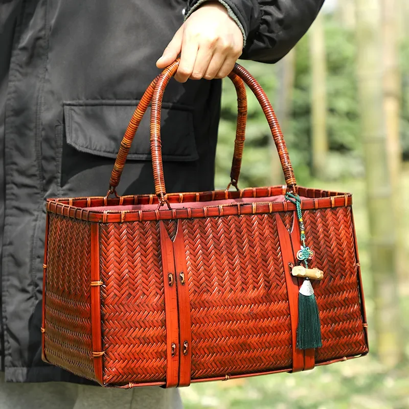 Handmade Bamboo Woven Bag Retro Style Portable Tea Set Storage Pouch Artistic Handbag for Women Vintage Natural Fiber Tote