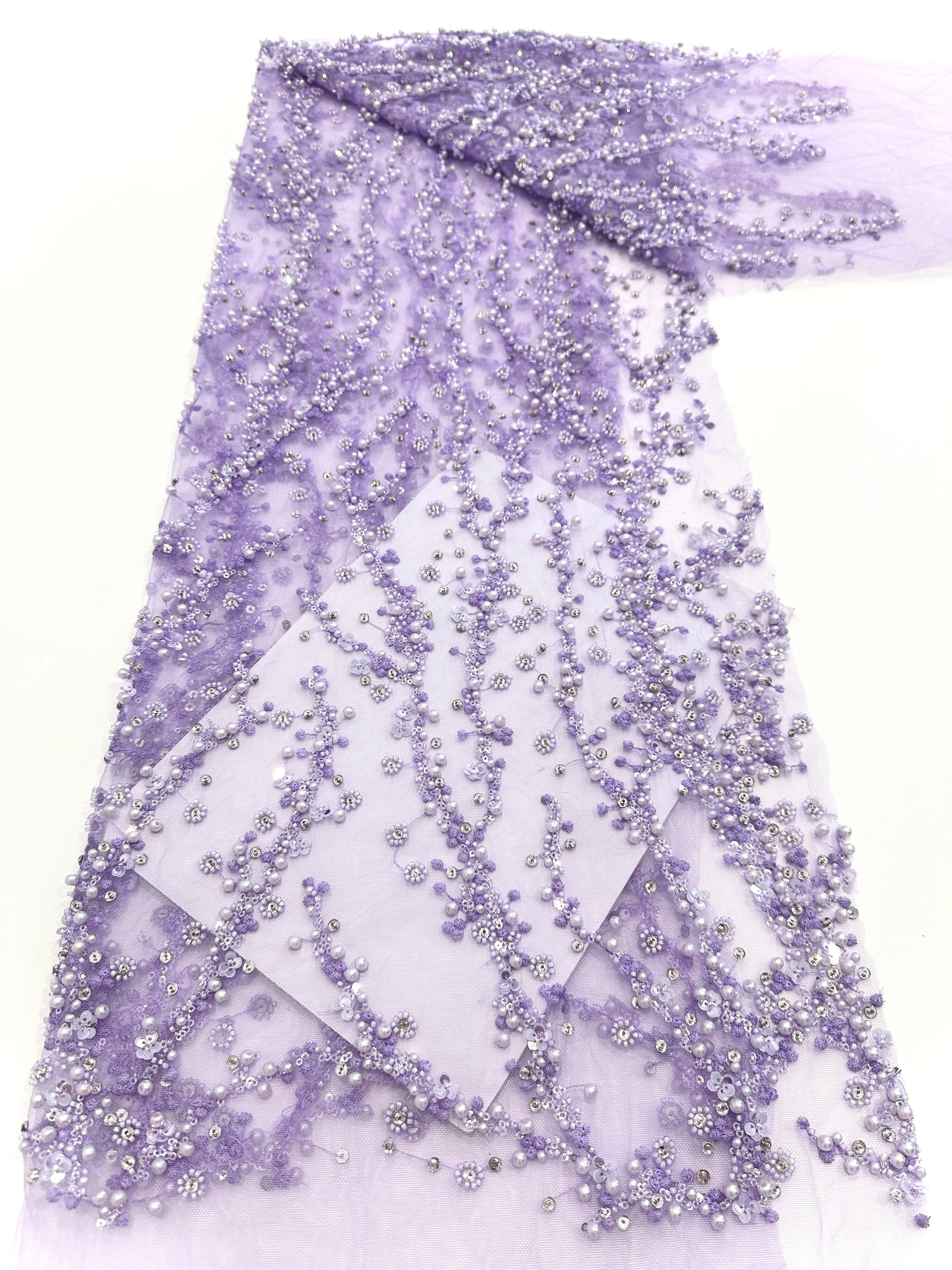 

2025 Nigerian Handmade Beaded Lace Fabric High Quality Sequins Beaded Embroidery African French Lace Fabric Dress