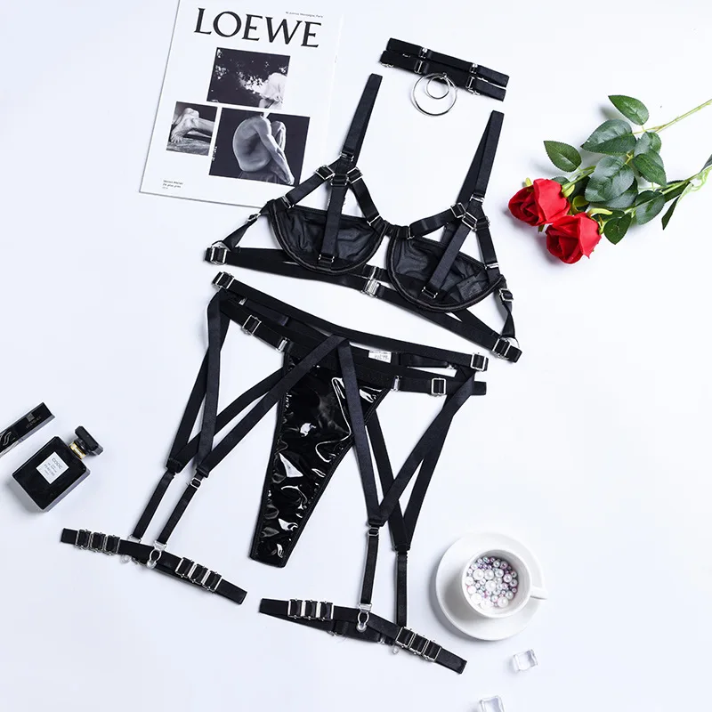 SUSANYOYO Gothic Lingerie For Women 4-Pieces Sexy Underwear Lace Transparent Bra And Panty Erotic Sets Hot Porn Sex Outfits