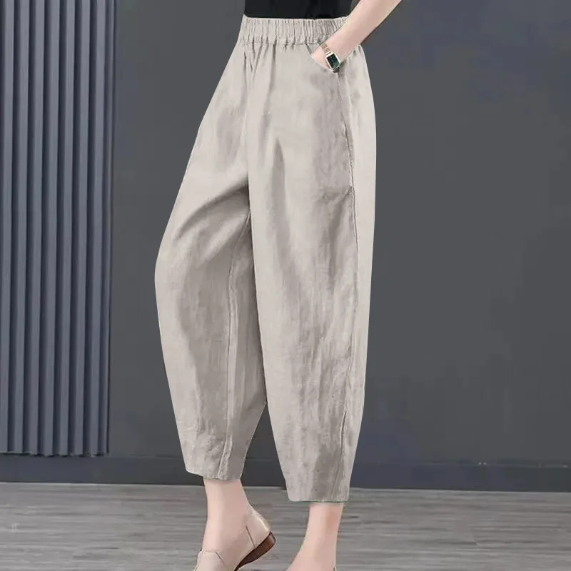 2024 Summer New Ice Silk Cotton Linen Ankle-length Pants Women's Pants High Waist Bloomers Women's Loose Hallen Pants Women