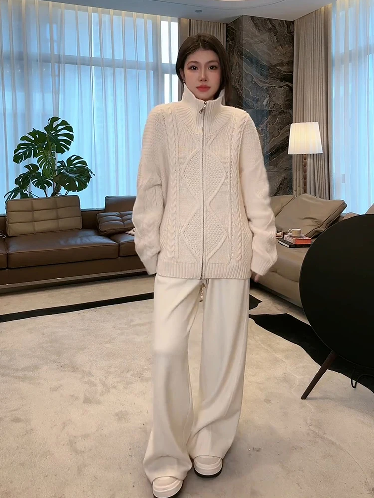 

Fce Lined Wide Leg Casual Pants by Lao Yang White Comfortable Stretch Knitted Trousers for Women Autumn Winter New Sle