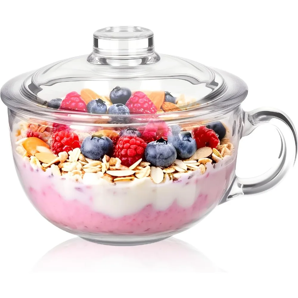 Cuenco de cristal seguro para microondas, cuenco para sopa con tapa y asa, cuenco transparente para avena, para sopa, postre, Pasta y ensalada, vajilla para el hogar