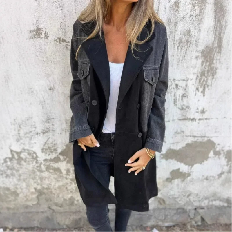 عارضة المرأة كاوبوي معاطف سترة الأوروبية الأمريكية الأزياء البدلة طوق الدنيم الربط منتصف طول سترة للنساء النساء الملابس #2