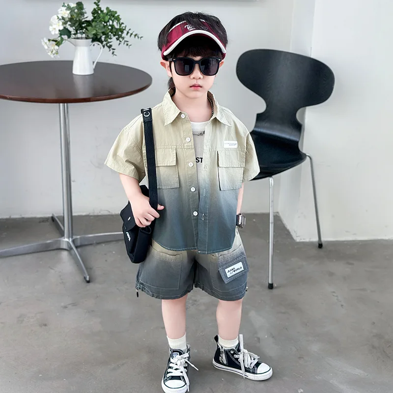 Boy Suit Summer 2024 New Shirt Tide Shorts Handsome Fashionable Fried Street Gradient Versatile Active Kids