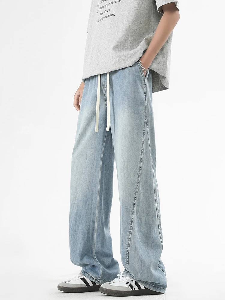 

Летние мужские легкие джинсы, корейские модные дышащие хлопковые широкие мешковатые джинсовые брюки с завязками, прямые джинсовые брюки