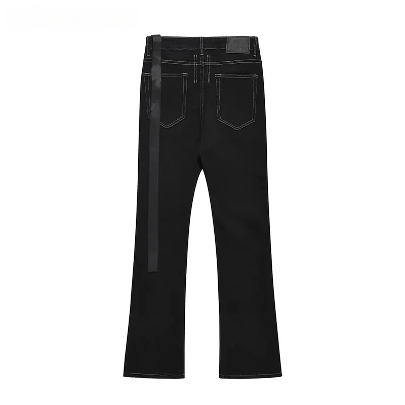 【Mirrordust】 Jeans svasati con decorazione a nastro Pantaloni da uomo a gamba dritta in tinta unita lavati da strada